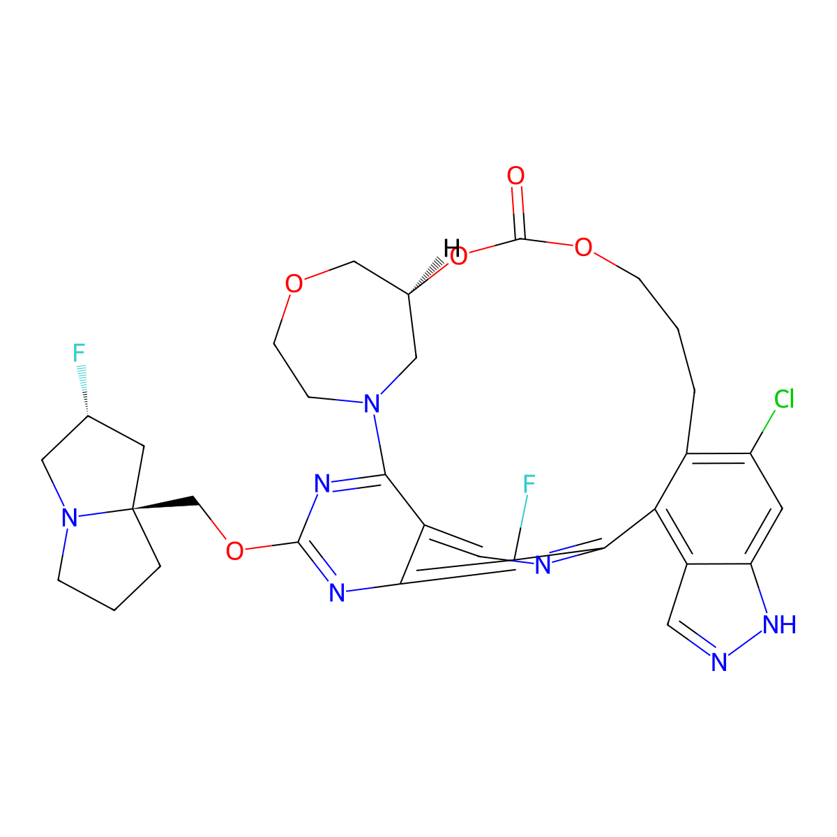 (16S)-36-Chloro-28-fluoro-22-(((2R,7aS)-2-fluorotetrahydro-1H-pyrrolizin-7a(5H)-yl)methoxy)-31H-7,9-dioxa-1(4,6)-oxazepana-2(4,7)-pyrido[4,3-d]pyrimidina-3(4,5)-indazolacyclononaphan-8-one molecular structure, CAS 3040175-17-2