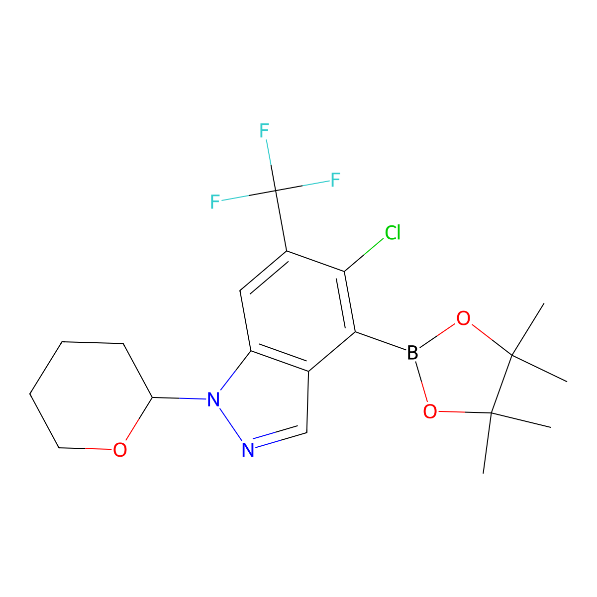5-Chloro-1-tetrahydropyran-2-yl-4-(4,4,5,5-tetramethyl-1,3,2-dioxaborolan-2-yl)-6-(trifluoromethyl)indazole molecular structure, CAS 3040185-40-5