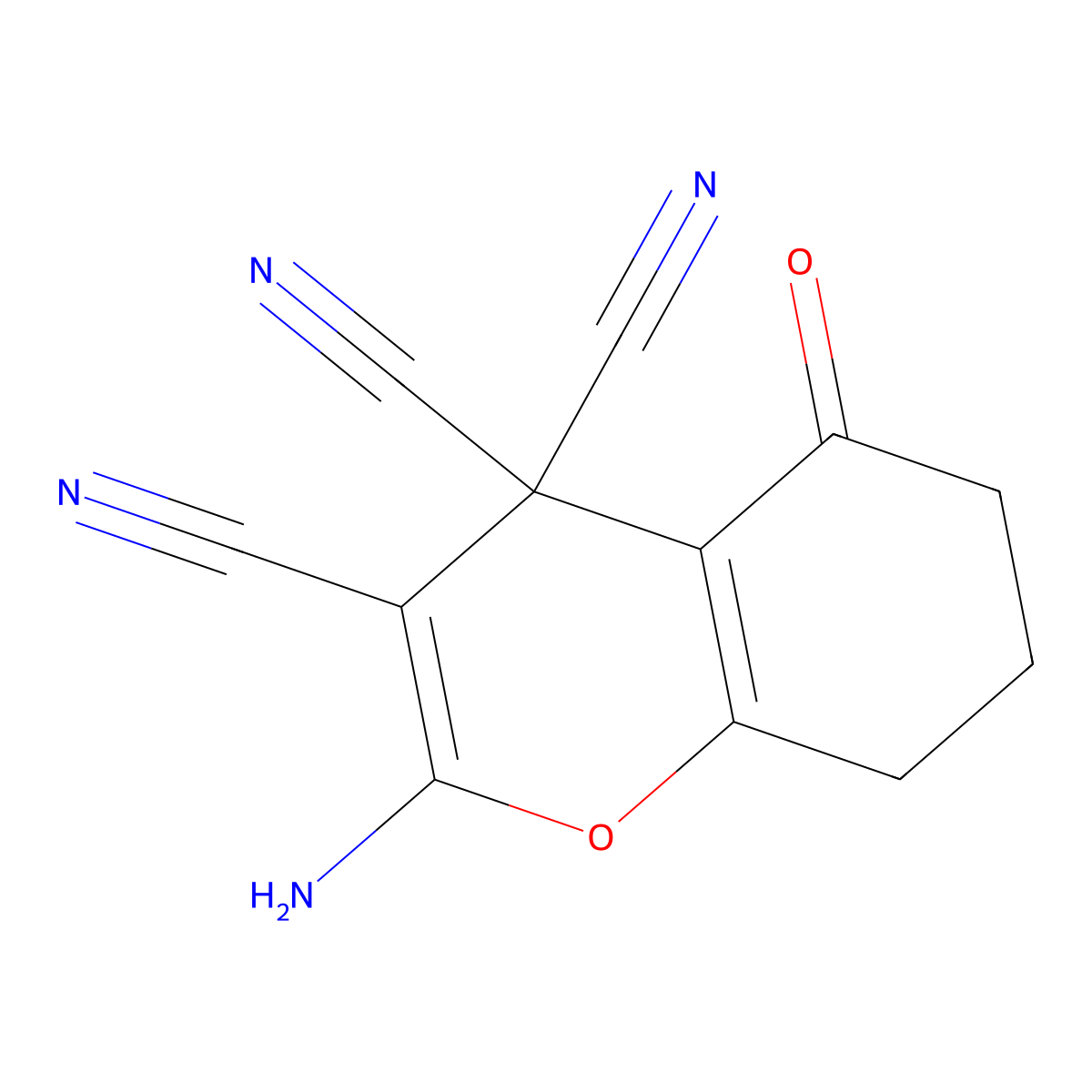 2-amino-5-oxo-5,6,7,8-tetrahydro-4H-chromene-3,4,4-tricarbonitrile molecular structure, CAS 30404-07-0