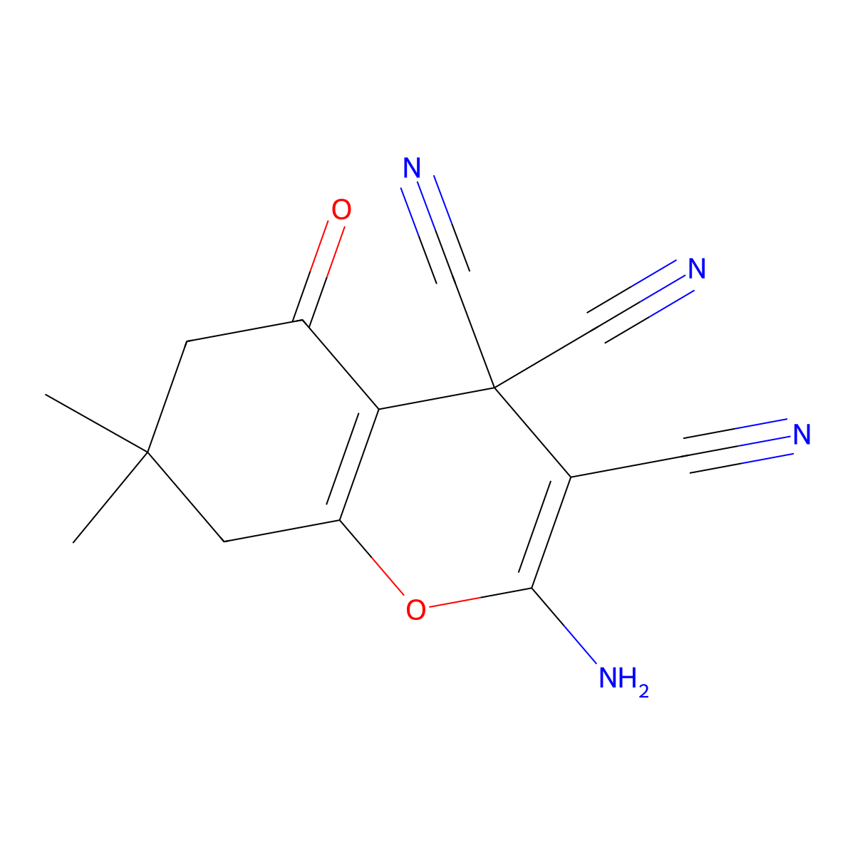 2-amino-7,7-dimethyl-5-oxo-5,6,7,8-tetrahydro-4H-chromene-3,4,4-tricarbonitrile molecular structure, CAS 30404-08-1