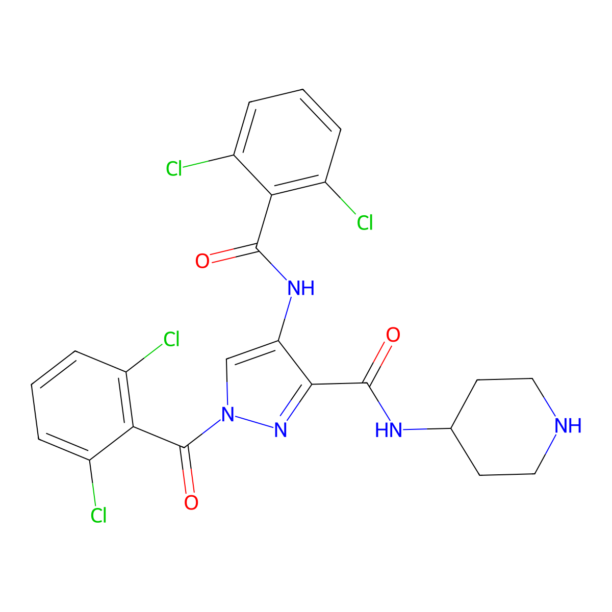 1-(2,6-dichlorobenzoyl)-4-[(2,6-dichlorobenzoyl)amino]-N-piperidin-4-ylpyrazole-3-carboxamide molecular structure, CAS 3042887-70-4