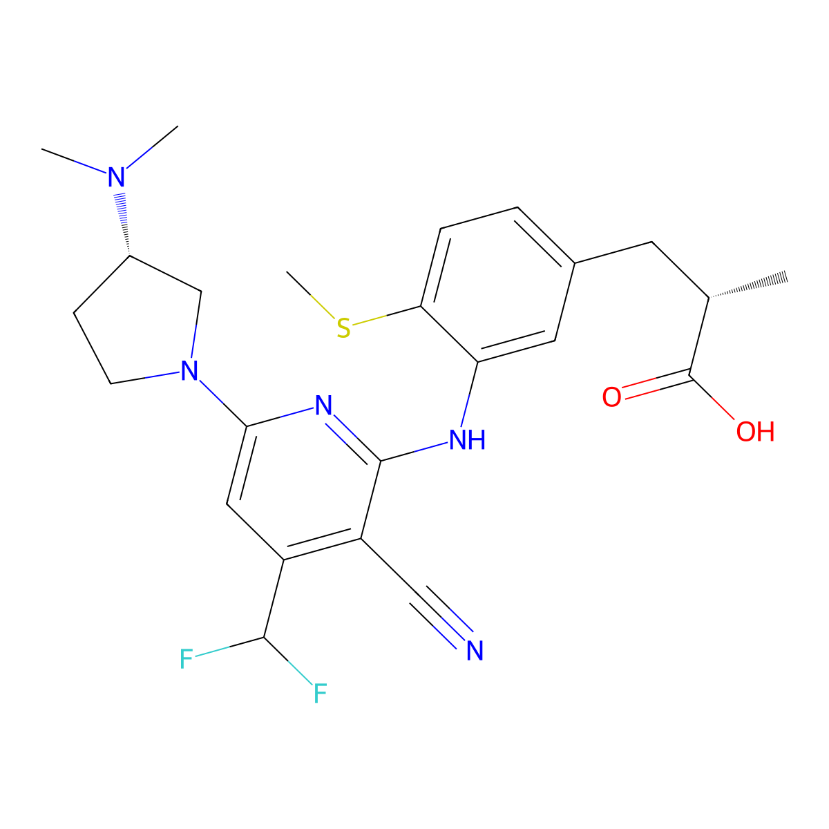 (2S)-3-[3-[[3-cyano-4-(difluoromethyl)-6-[(3S)-3-(dimethylamino)pyrrolidin-1-yl]-2-pyridinyl]amino]-4-methylsulfanylphenyl]-2-methylpropanoic acid molecular structure, CAS 3043939-18-7