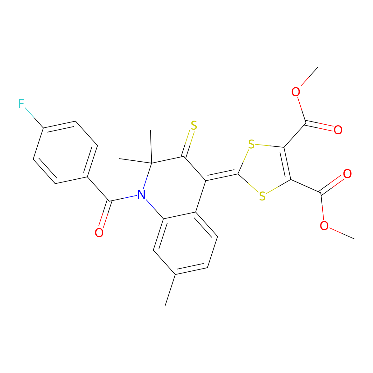 Dimethyl 2-[1-(4-fluorobenzoyl)-2,2,7-trimethyl-3-sulfanylidenequinolin-4-ylidene]-1,3-dithiole-4,5-dicarboxylate molecular structure, CAS 304446-25-1