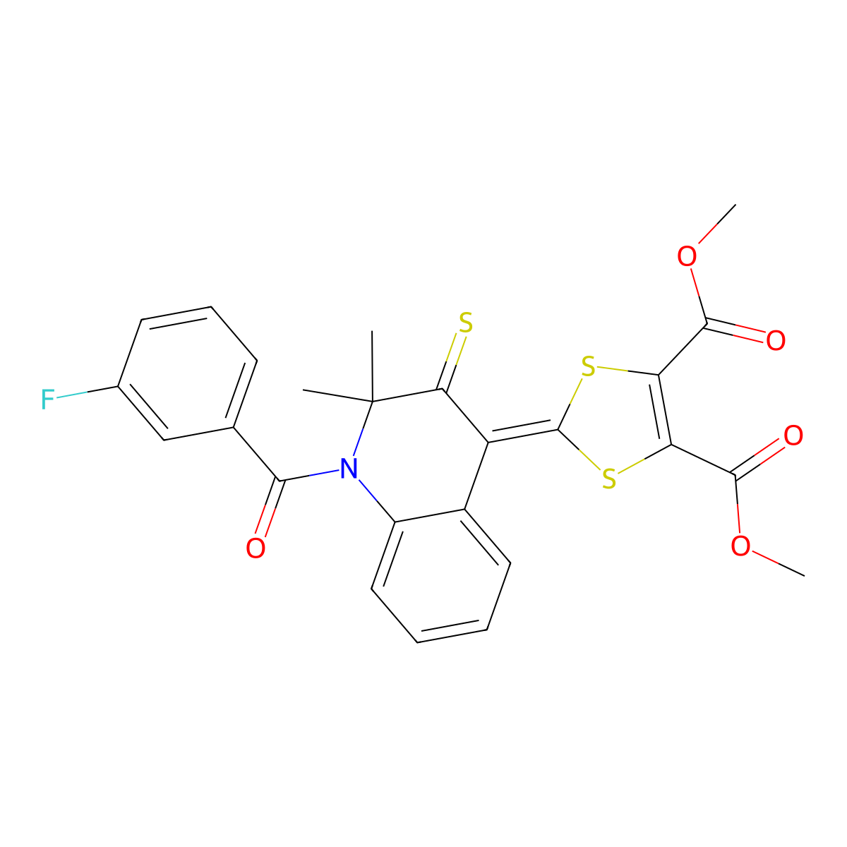 Dimethyl 2-[1-(3-fluorobenzoyl)-2,2-dimethyl-3-sulfanylidenequinolin-4-ylidene]-1,3-dithiole-4,5-dicarboxylate molecular structure, CAS 304446-28-4
