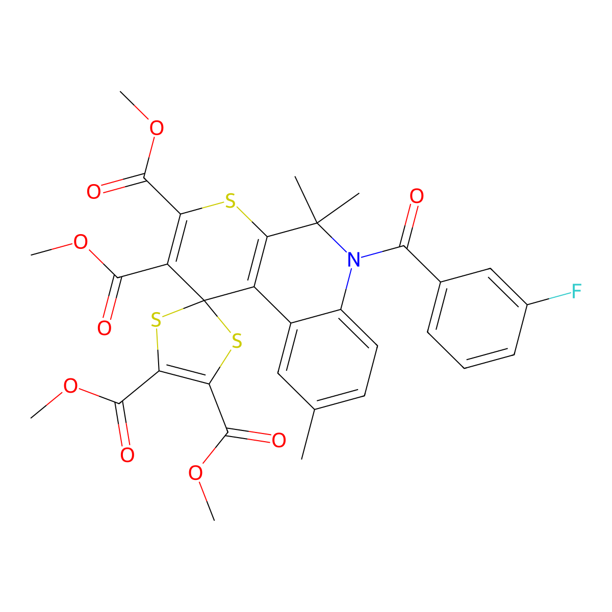 tetramethyl 6-(3-fluorobenzoyl)-5,5,9-trimethyl-5,6-dihydrospiro(1H-thiopyrano[2,3-c]quinoline-1,2'-[1,3]-dithiole)-2,3,4',5'-dicarboxylate molecular structure, CAS 304446-30-8