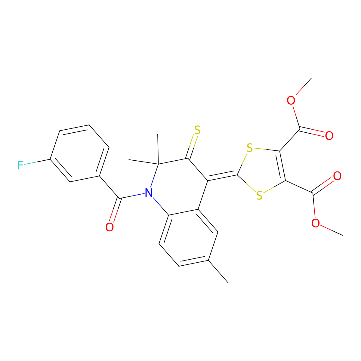 dimethyl 2-[1-(3-fluorobenzoyl)-2,2,6-trimethyl-3-thioxo-2,3-dihydro-4(1H)-quinolinyliden]-1,3-dithiole-4,5-dicarboxylate molecular structure, CAS 304446-31-9