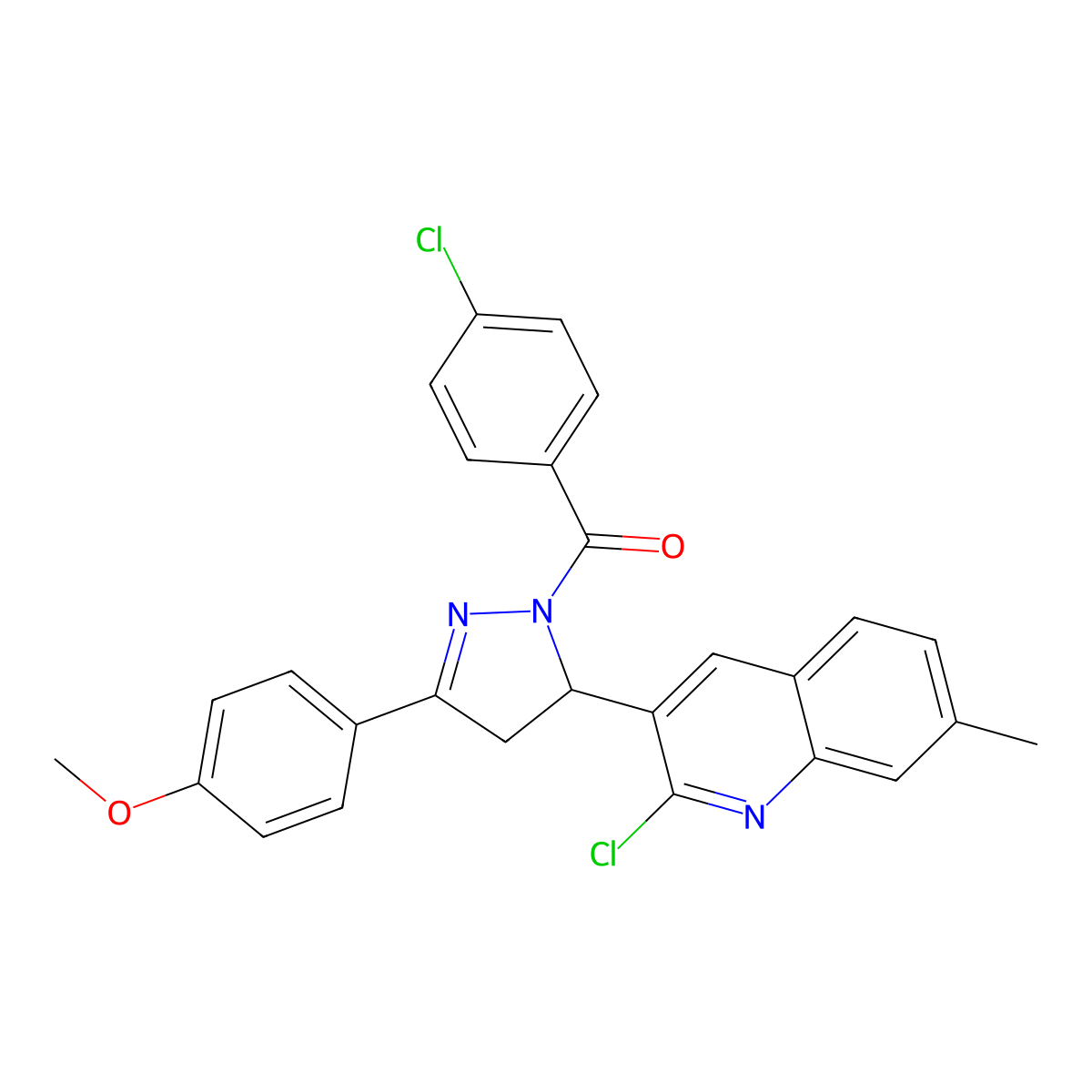 [3-(2-Chloro-7-methylquinolin-3-yl)-5-(4-methoxyphenyl)-3,4-dihydropyrazol-2-yl]-(4-chlorophenyl)methanone molecular structure, CAS 304446-38-6