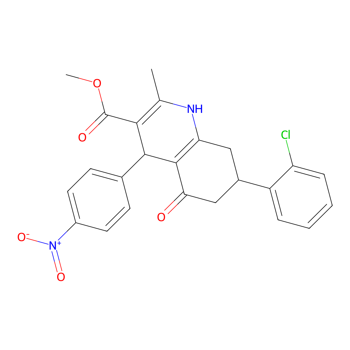 Methyl 7-(2-chlorophenyl)-2-methyl-4-(4-nitrophenyl)-5-oxo-1,4,5,6,7,8-hexahydroquinoline-3-carboxylate molecular structure, CAS 304449-25-0