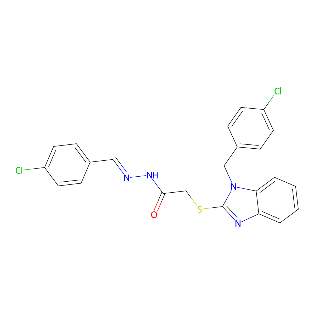 2-[[1-[(4-Chlorophenyl)methyl]-1H-benzimidazol-2-yl]thio]acetic acid 2-[(4-chlorophenyl)methylene]hydrazide molecular structure, CAS 304449-55-6