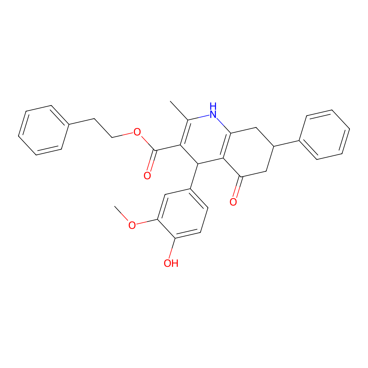 2-Phenylethyl 4-(4-hydroxy-3-methoxyphenyl)-2-methyl-5-oxo-7-phenyl-1,4,5,6,7,8-hexahydro-3-quinolinecarboxylate molecular structure, CAS 304450-38-2