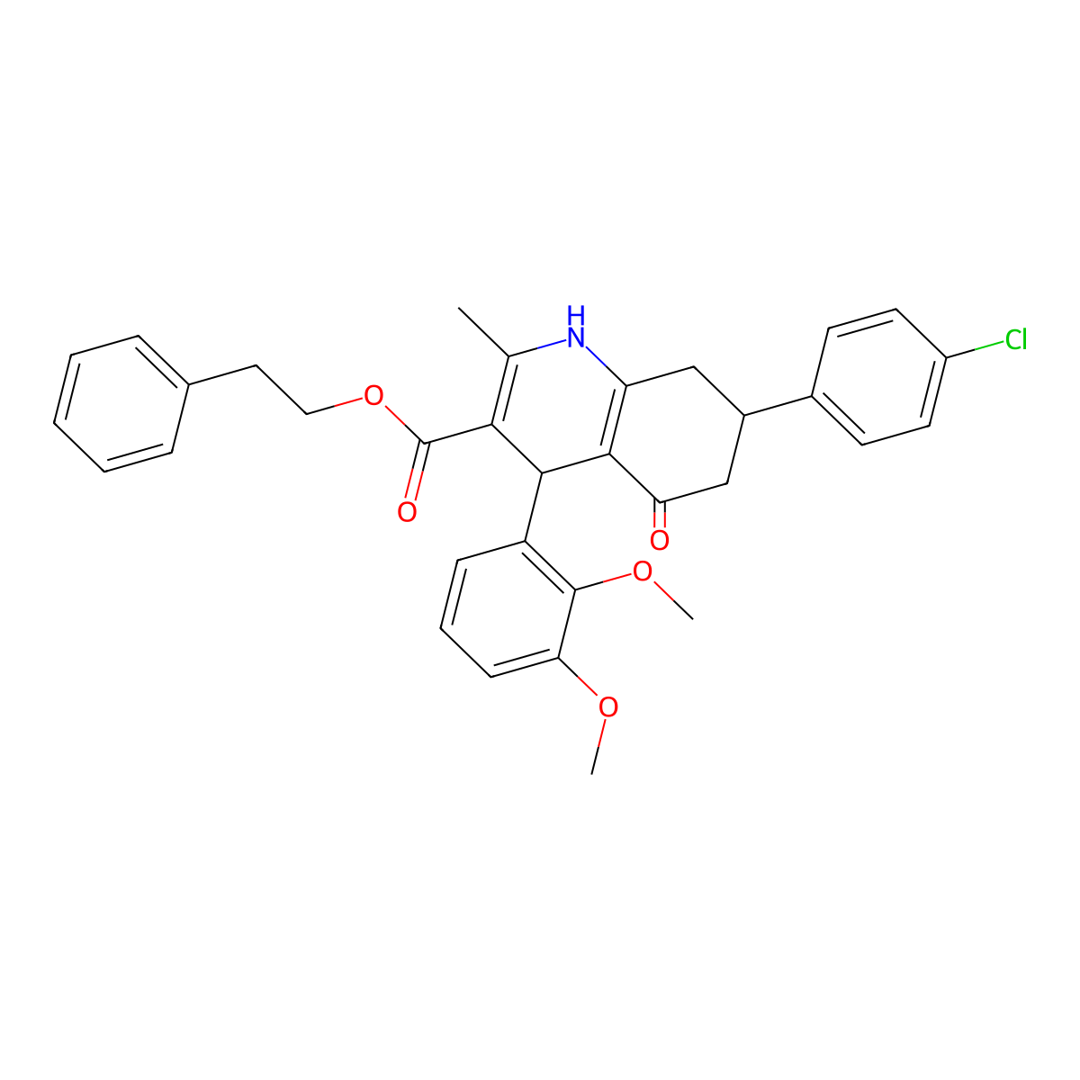 2-Phenylethyl 7-(4-chlorophenyl)-4-(2,3-dimethoxyphenyl)-2-methyl-5-oxo-1,4,5,6,7,8-hexahydroquinoline-3-carboxylate molecular structure, CAS 304450-98-4