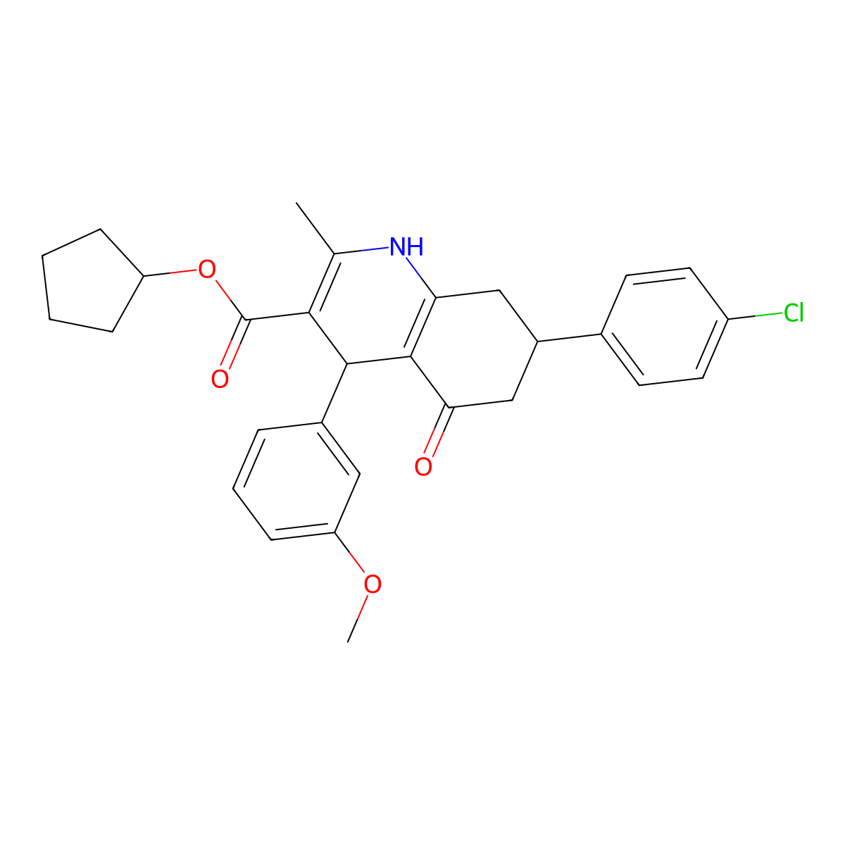 Cyclopentyl 7-(4-chlorophenyl)-4-(3-methoxyphenyl)-2-methyl-5-oxo-1,4,5,6,7,8-hexahydroquinoline-3-carboxylate molecular structure, CAS 304451-77-2