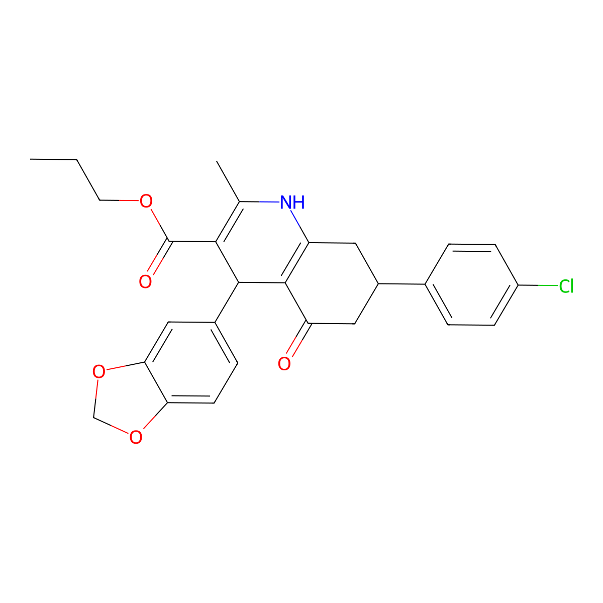 Propyl 4-(1,3-benzodioxol-5-yl)-7-(4-chlorophenyl)-2-methyl-5-oxo-1,4,5,6,7,8-hexahydroquinoline-3-carboxylate molecular structure, CAS 304451-92-1