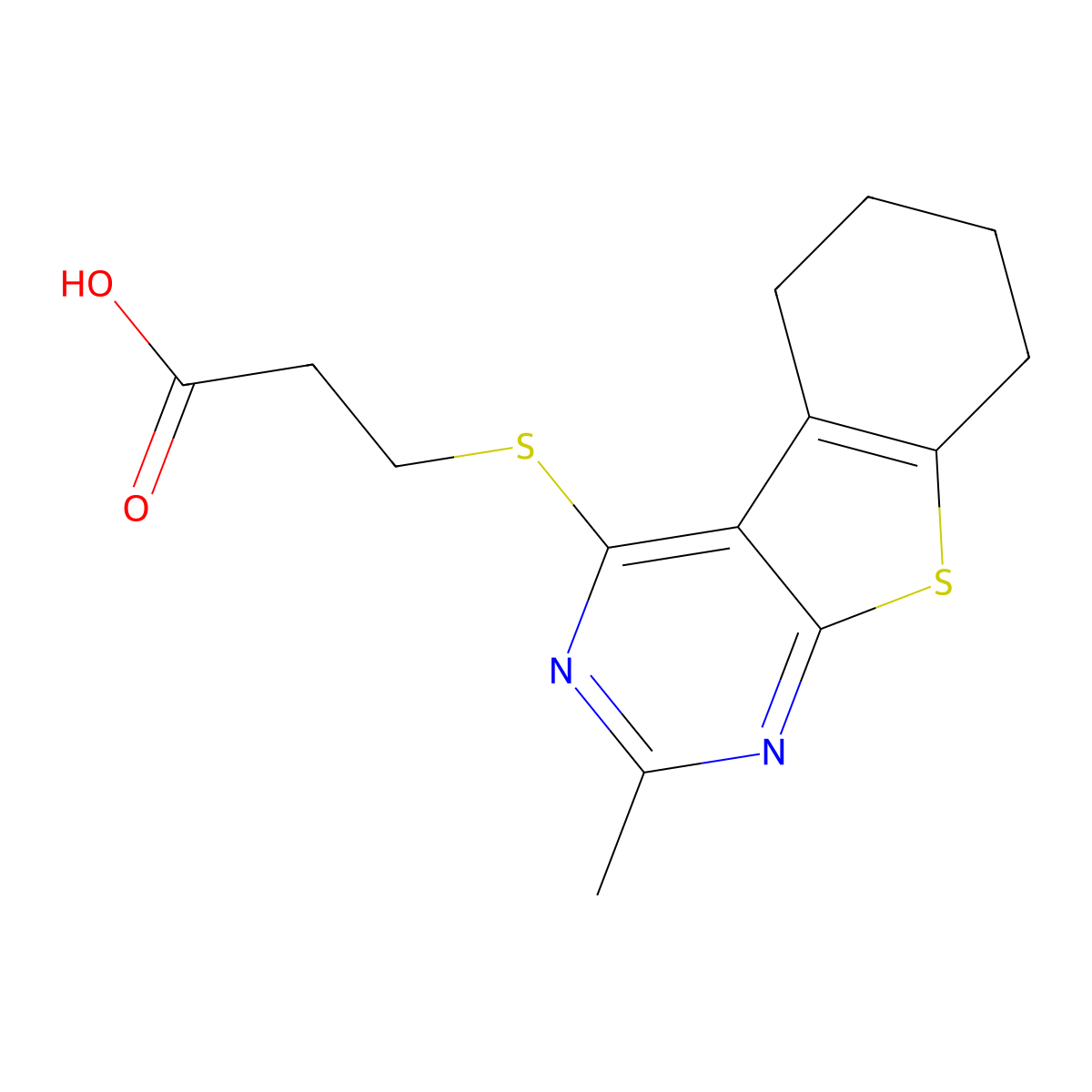 3-[(2-Methyl-5,6,7,8-tetrahydro-[1]benzothiolo[2,3-d]pyrimidin-4-yl)sulfanyl]propanoic acid molecular structure, CAS 304476-81-1