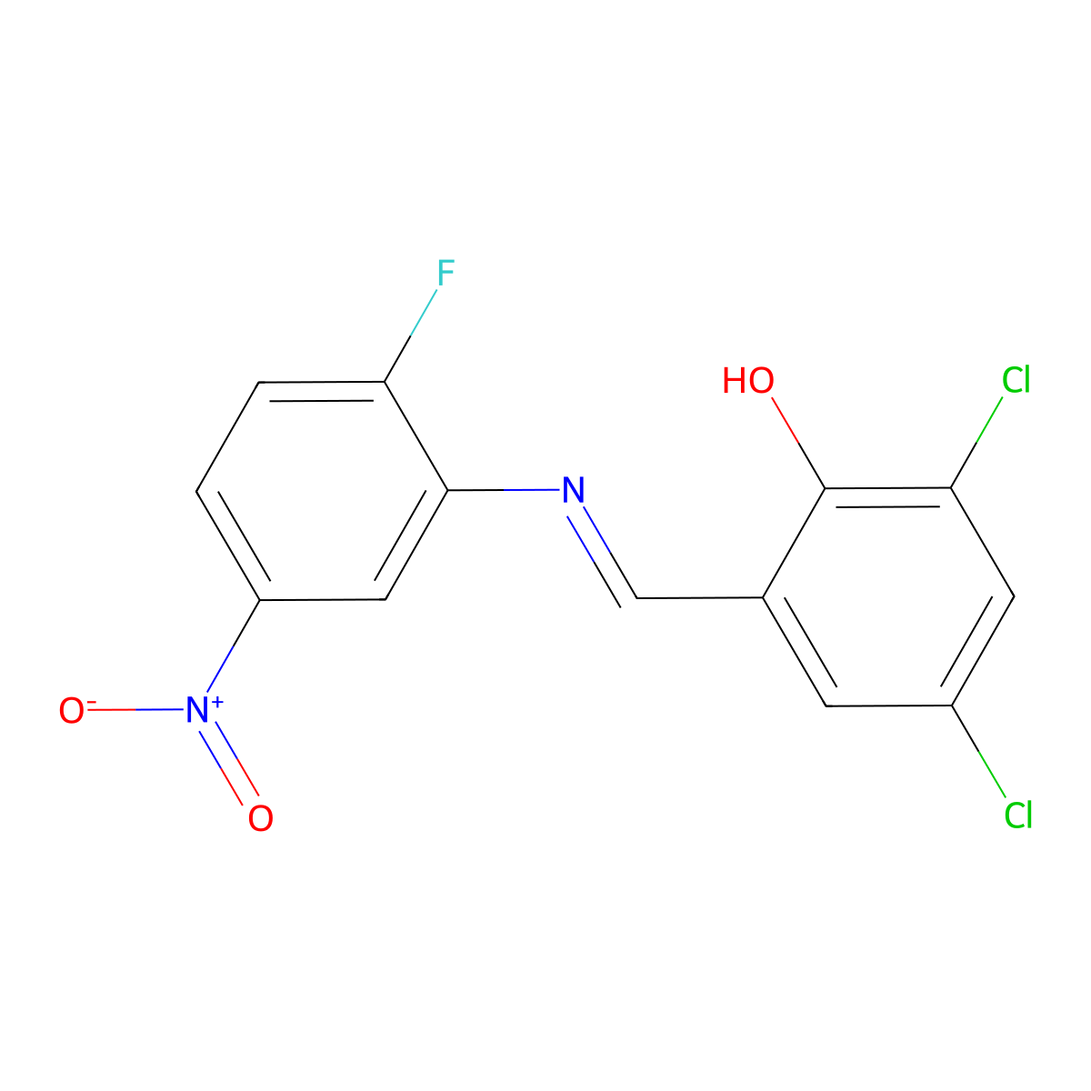 Phenol, 2,4-dichloro-6-(2-fluoro-5-nitrophenyliminomethyl)- molecular structure, CAS 304478-77-1