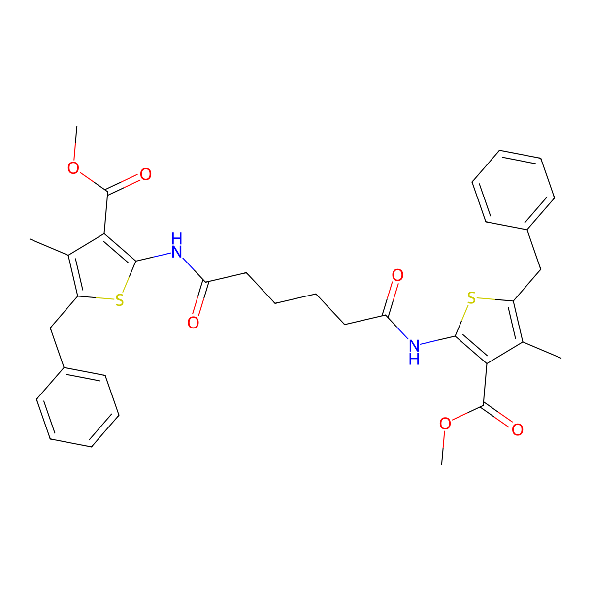 Methyl 5-benzyl-2-[(6-{[5-benzyl-3-(methoxycarbonyl)-4-methyl-2-thienyl]amino}-6-oxohexanoyl)amino]-4-methyl-3-thiophenecarboxylate molecular structure, CAS 304481-84-3