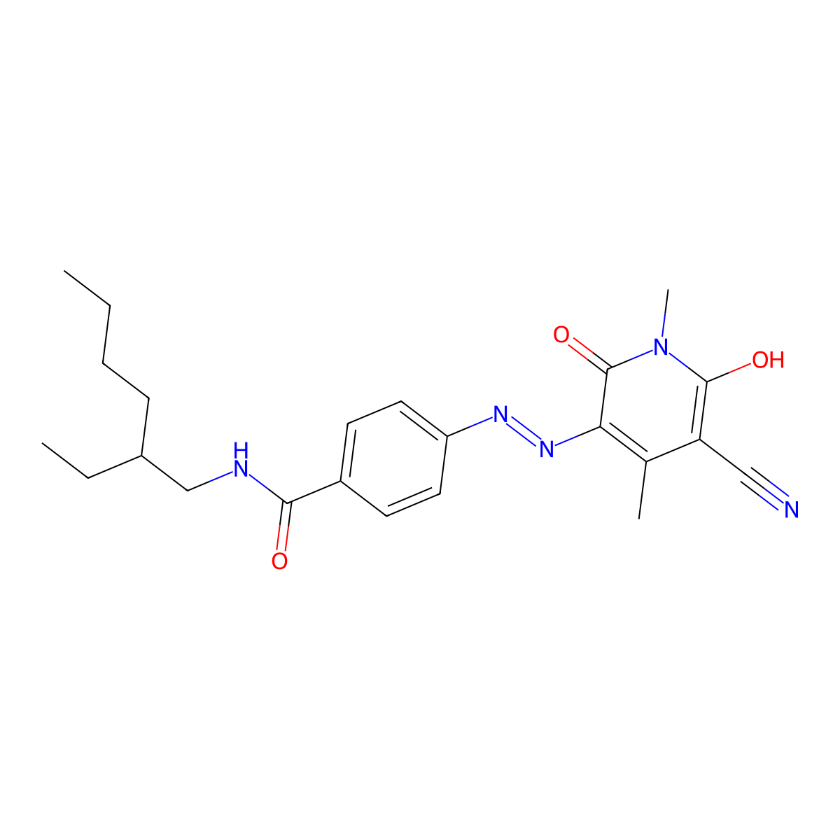 Benzamide, 4-[2-(5-cyano-1,6-dihydro-2-hydroxy-1,4-dimethyl-6-oxo-3-pyridinyl)diazenyl]-N-(2-ethylhexyl)- molecular structure, CAS 30449-81-1