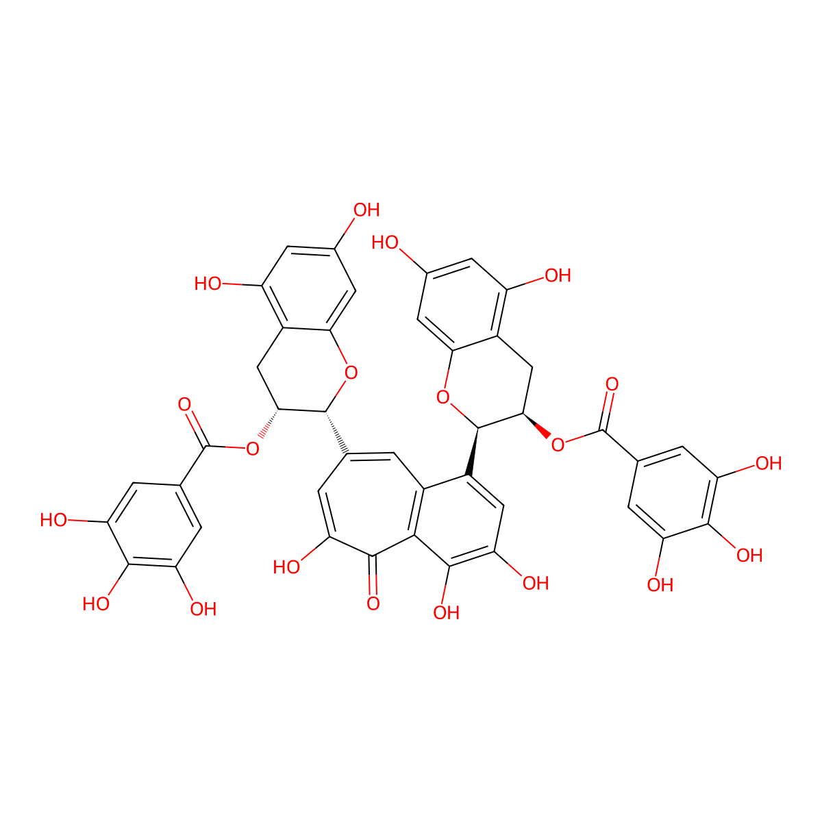 (2R,2'R,3R,3'R)-2,2'-(3,4,6-trihydroxy-5-oxo-5H-benzo[7]annulene-1,8-diyl)bis(5,7-dihydroxychroman-3,2-diyl) bis(3,4,5-trihydroxybenzoate) , Theaflavin 3,3'-digallate molecular structure, CAS 30462-35-2