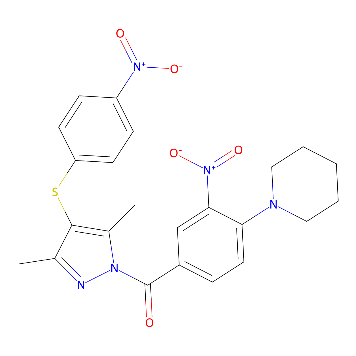 [3,5-Dimethyl-4-(4-nitrophenyl)sulfanylpyrazol-1-yl]-(3-nitro-4-piperidin-1-ylphenyl)methanone molecular structure, CAS 304645-45-2
