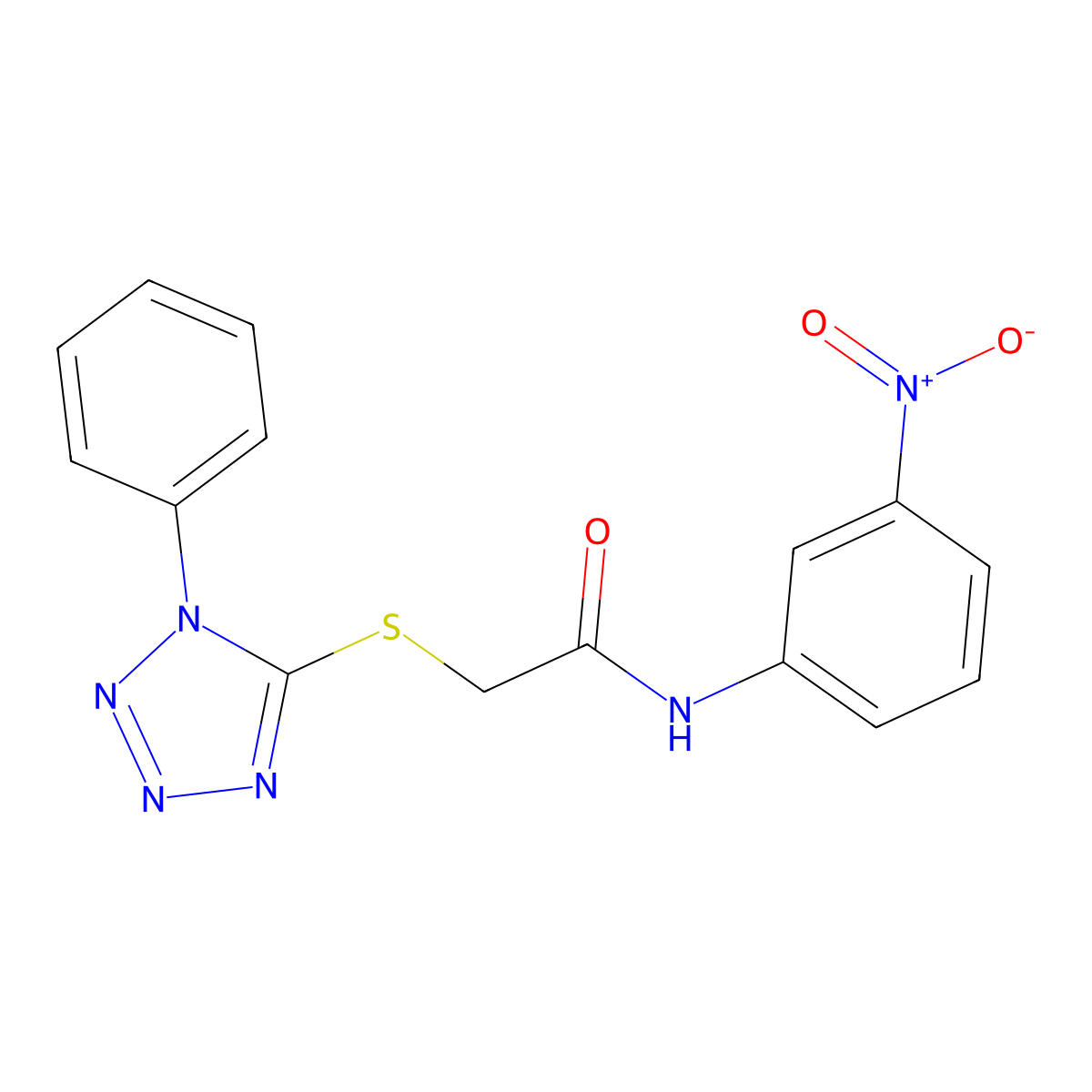 N-(3-nitrophenyl)-2-(1-phenyltetrazol-5-yl)sulfanylacetamide molecular structure, CAS 304662-55-3