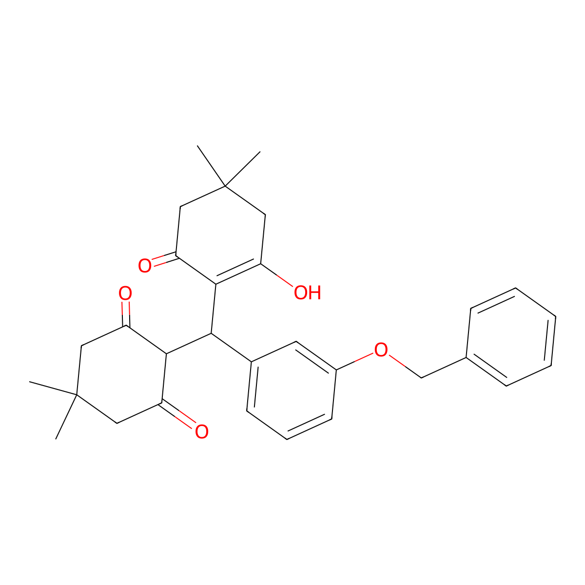 2-[(2-Hydroxy-4,4-dimethyl-6-oxocyclohexen-1-yl)-(3-phenylmethoxyphenyl)methyl]-5,5-dimethylcyclohexane-1,3-dione molecular structure, CAS 304665-75-6