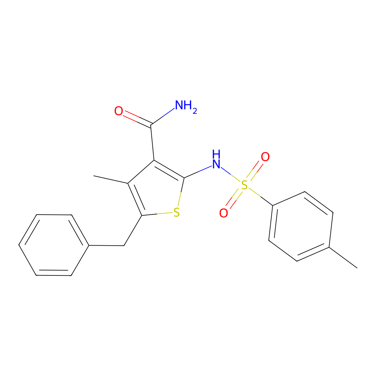 5-Benzyl-4-methyl-2-[(4-methylphenyl)sulfonylamino]thiophene-3-carboxamide molecular structure, CAS 304667-91-2