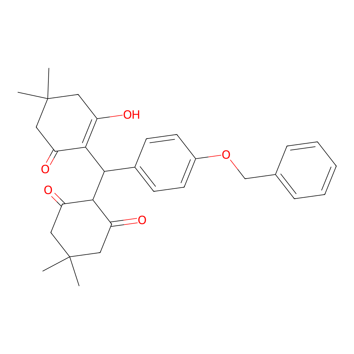 2-[(2-Hydroxy-4,4-dimethyl-6-oxocyclohexen-1-yl)-(4-phenylmethoxyphenyl)methyl]-5,5-dimethylcyclohexane-1,3-dione molecular structure, CAS 304667-96-7