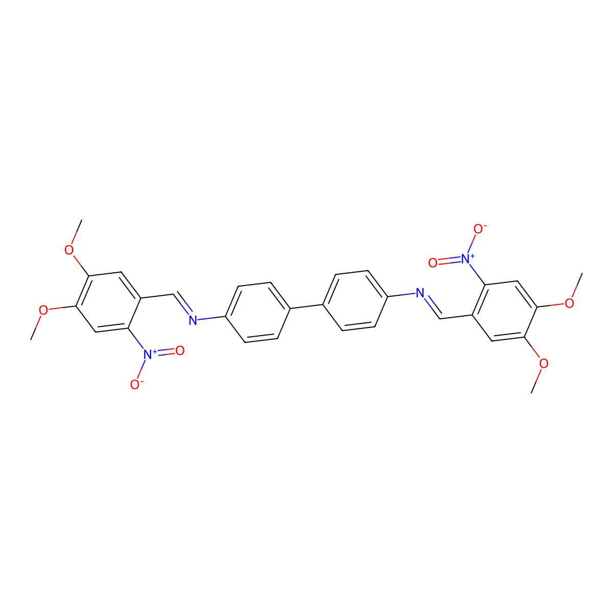 N,N'-bis[(E)-(4,5-dimethoxy-2-nitrophenyl)methylidene]biphenyl-4,4'-diamine molecular structure, CAS 304668-48-2
