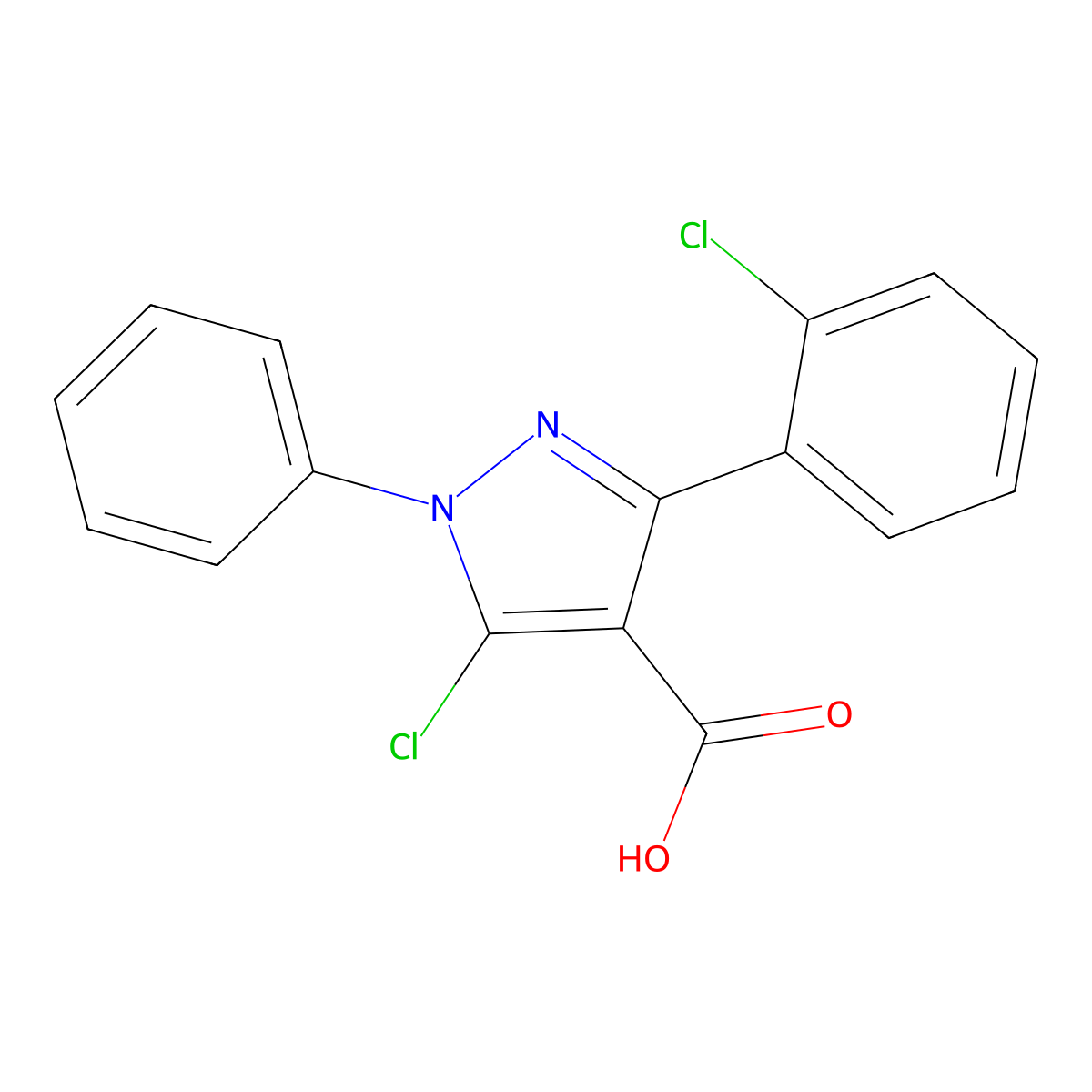 5-chloro-3-(2-chlorophenyl)-1-phenyl-1H-pyrazole-4-carboxylic acid molecular structure, CAS 304674-67-7