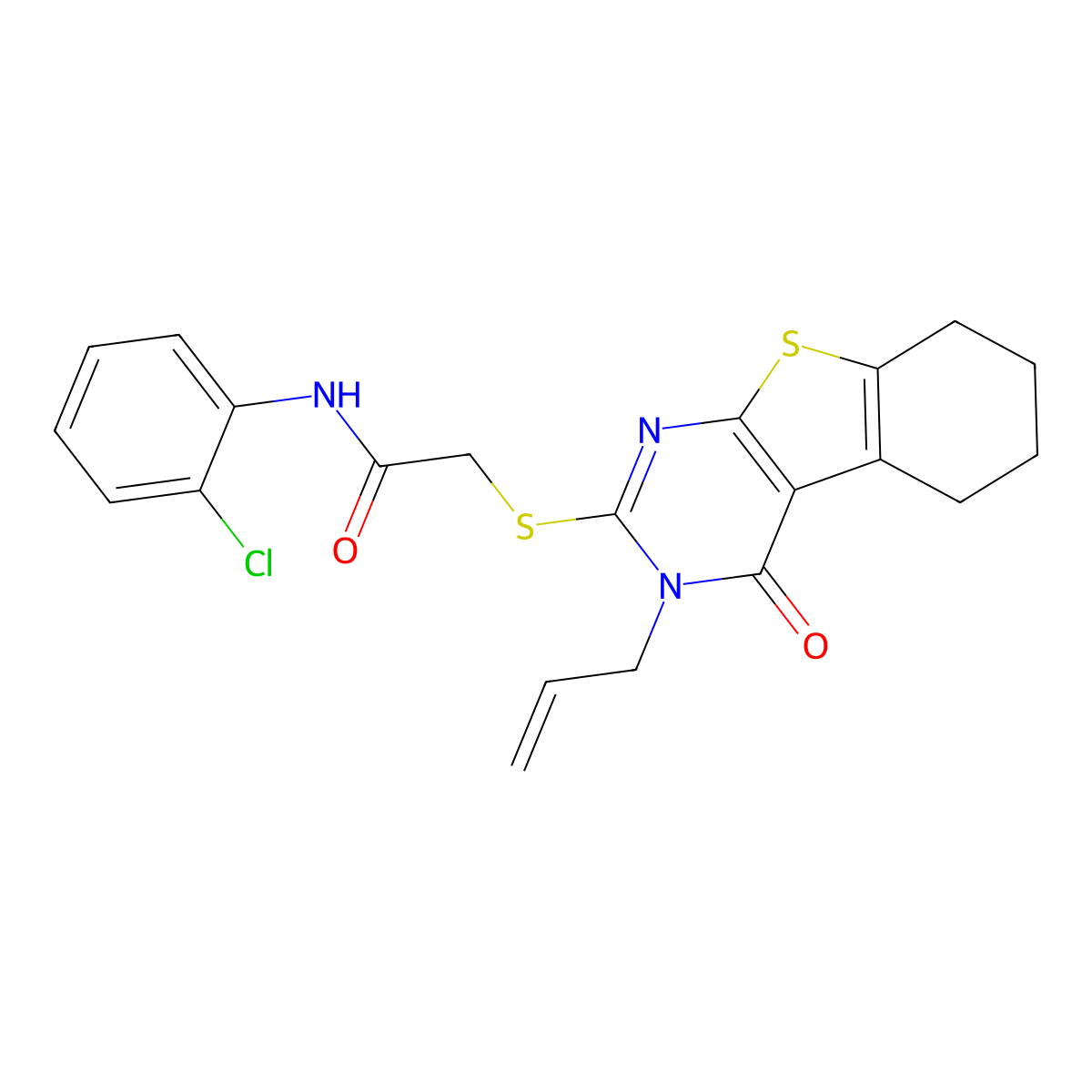 N-(2-chlorophenyl)-2-{[3-oxo-4-(prop-2-en-1-yl)-8-thia-4,6-diazatricyclo[7.4.0.0^{2,7}]trideca-1(9),2(7),5-trien-5-yl]sulfanyl}acetamide molecular structure, CAS 304683-75-8