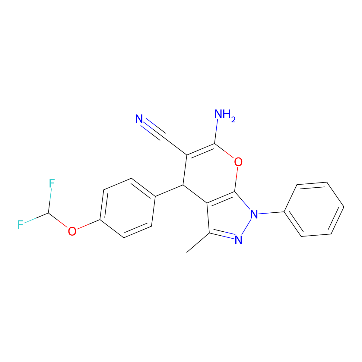 6-amino-4-[4-(difluoromethoxy)phenyl]-3-methyl-1-phenyl-1H,4H-pyrano[2,3-c]pyrazole-5-carbonitrile molecular structure, CAS 304683-79-2