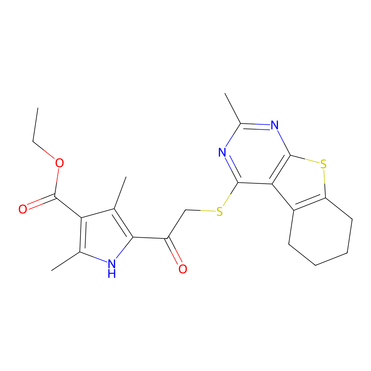ethyl 2,4-dimethyl-5-[2-({5-methyl-8-thia-4,6-diazatricyclo[7.4.0.0^{2,7}]trideca-1(9),2(7),3,5-tetraen-3-yl}sulfanyl)acetyl]-1H-pyrrole-3-carboxylate molecular structure, CAS 304683-90-7