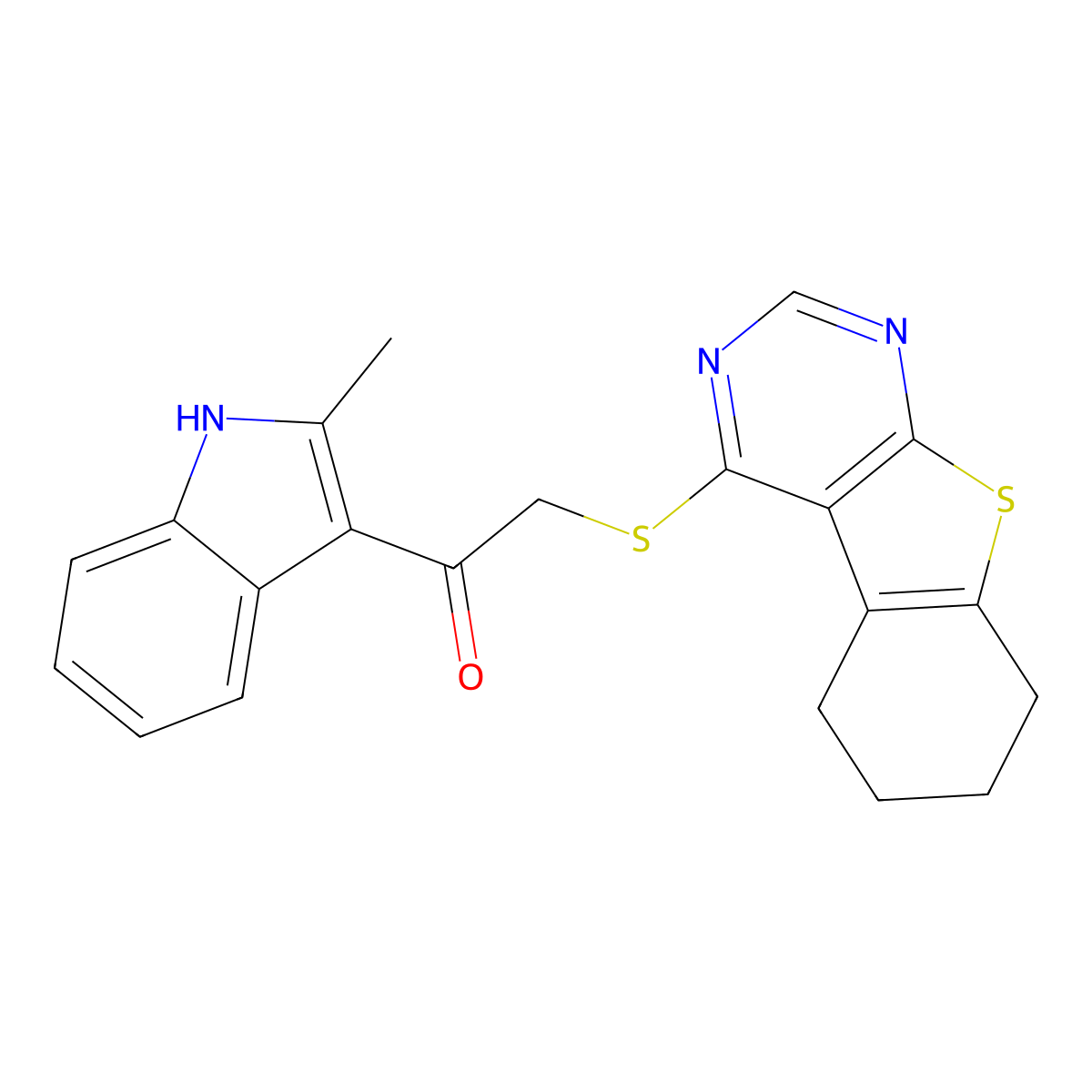 1-(2-methyl-1H-indol-3-yl)-2-((5,6,7,8-tetrahydrobenzo[4,5]thieno[2,3-d]pyrimidin-4-yl)thio)ethanone molecular structure, CAS 304683-99-6