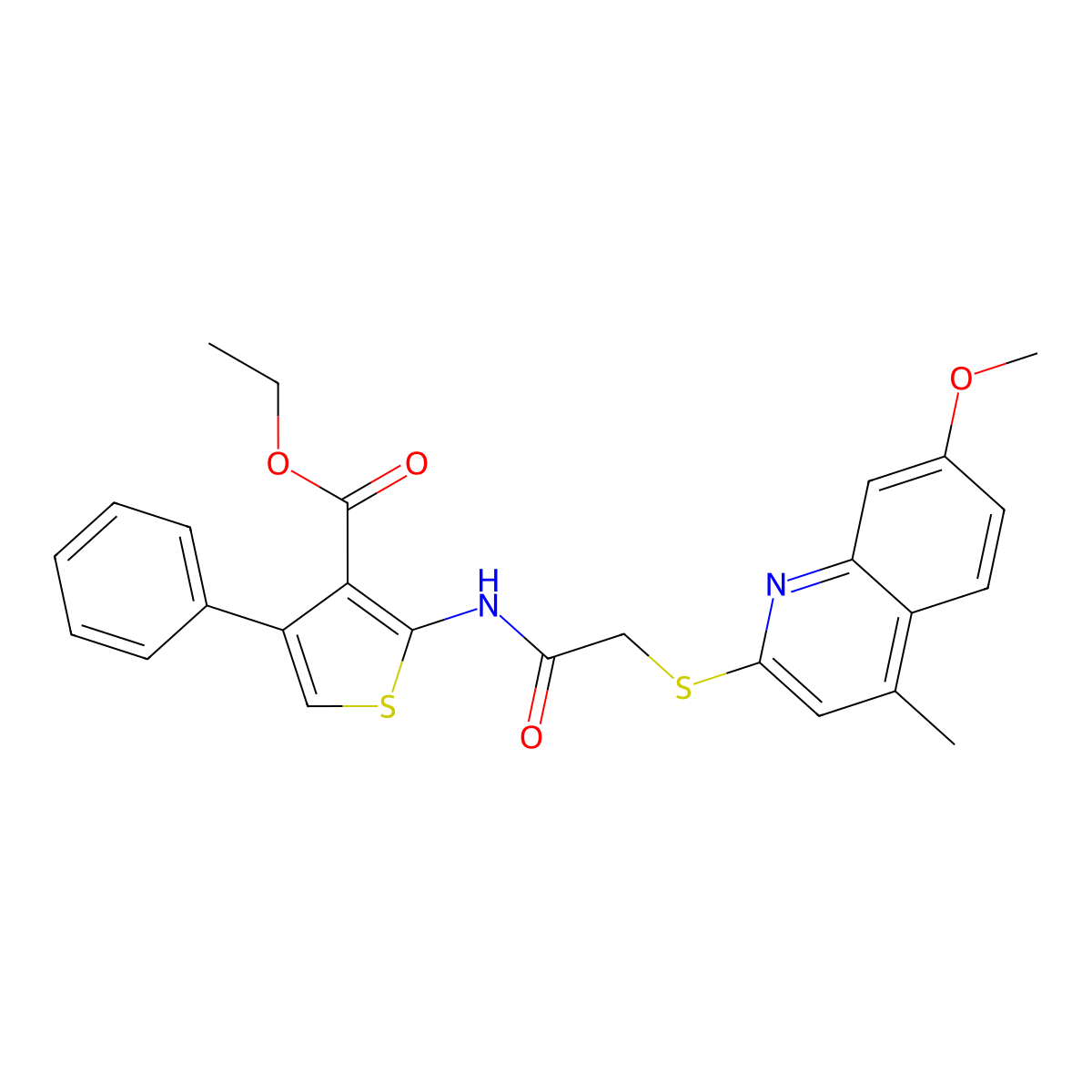 Ethyl 2-[[2-(7-methoxy-4-methylquinolin-2-yl)sulfanylacetyl]amino]-4-phenylthiophene-3-carboxylate molecular structure, CAS 304684-72-8