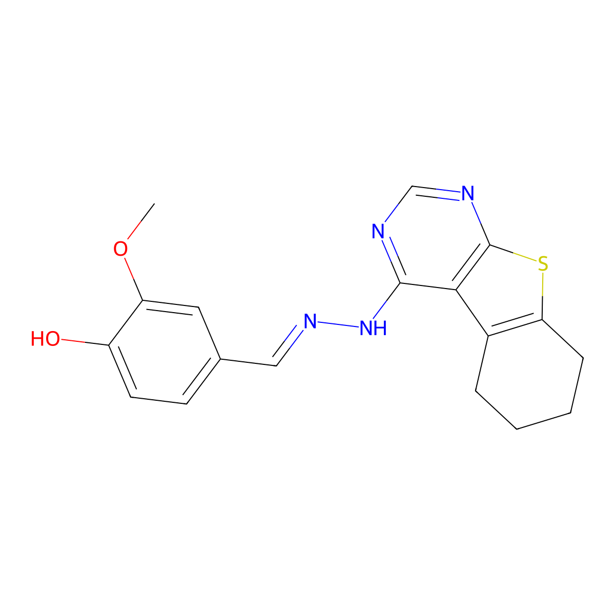 2-Methoxy-4-((2-(5,6,7,8-tetrahydrobenzo[4,5]thieno[2,3-d]pyrimidin-4-yl)hydrazineylidene)methyl)phenol molecular structure, CAS 304684-77-3