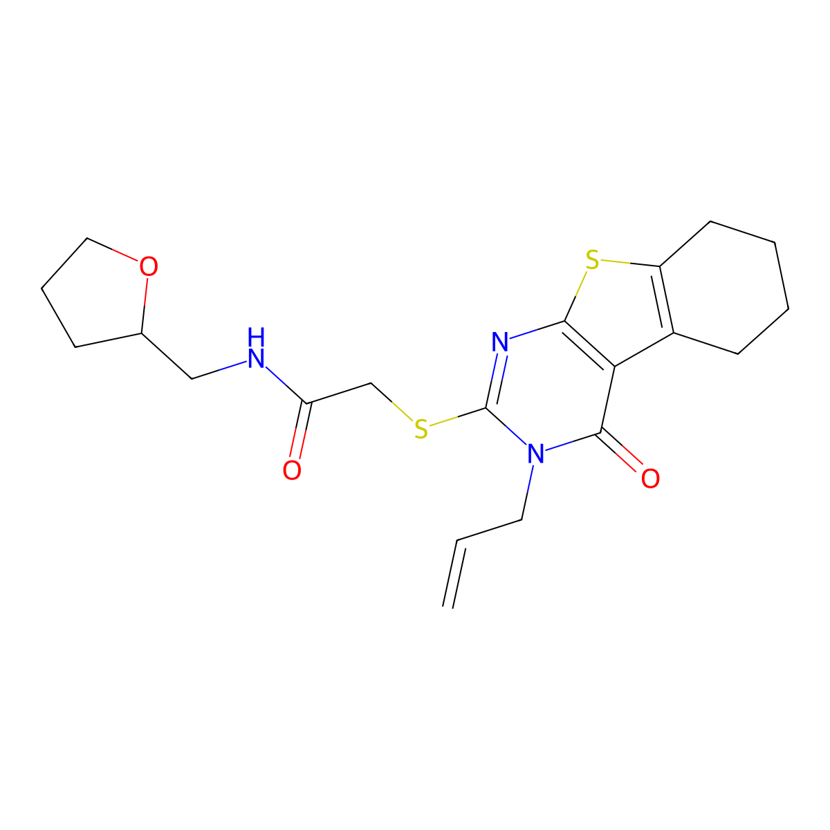 2-{[3-oxo-4-(prop-2-en-1-yl)-8-thia-4,6-diazatricyclo[7.4.0.0^{2,7}]trideca-1(9),2(7),5-trien-5-yl]sulfanyl}-N-[(oxolan-2-yl)methyl]acetamide molecular structure, CAS 304684-99-9