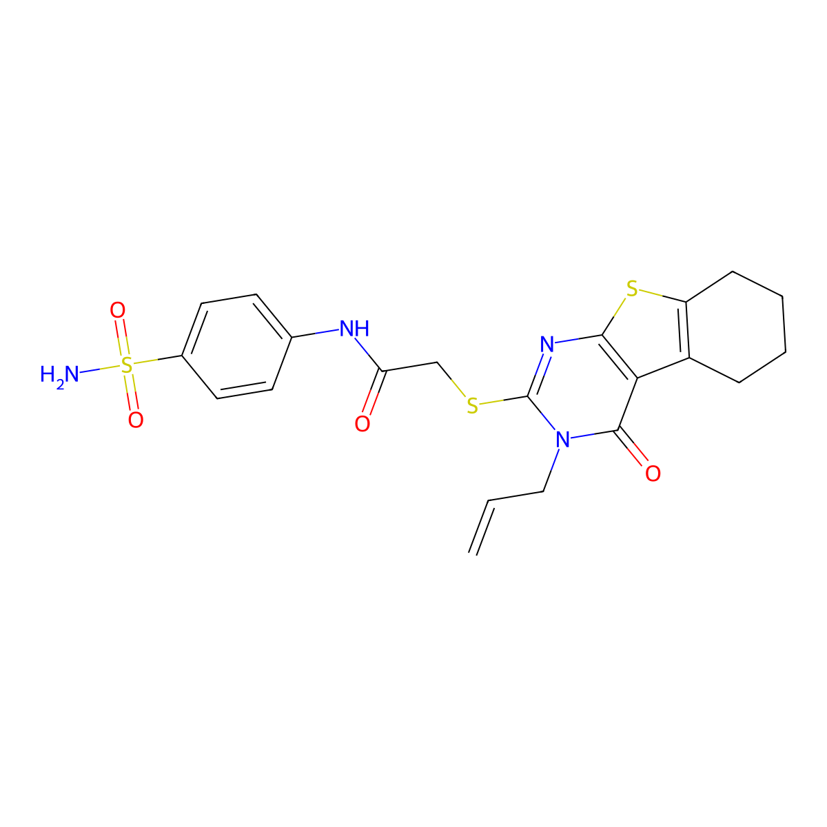 2-{[4-oxo-3-(prop-2-en-1-yl)-3,4,5,6,7,8-hexahydro[1]benzothieno[2,3-d]pyrimidin-2-yl]sulfanyl}-N-(4-sulfamoylphenyl)acetamide molecular structure, CAS 304685-05-0