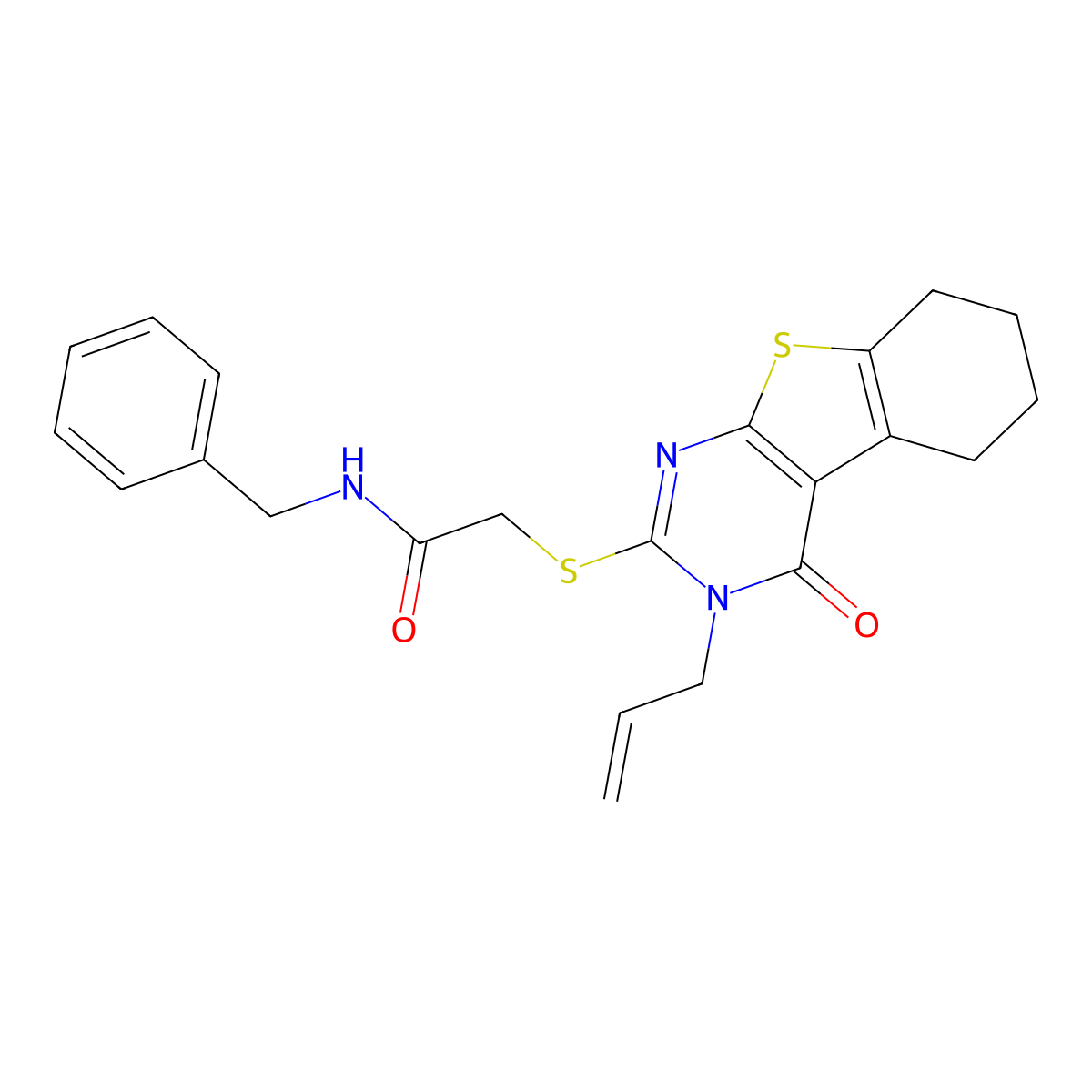 N-benzyl-2-{[3-oxo-4-(prop-2-en-1-yl)-8-thia-4,6-diazatricyclo[7.4.0.0^{2,7}]trideca-1(9),2(7),5-trien-5-yl]sulfanyl}acetamide molecular structure, CAS 304685-80-1