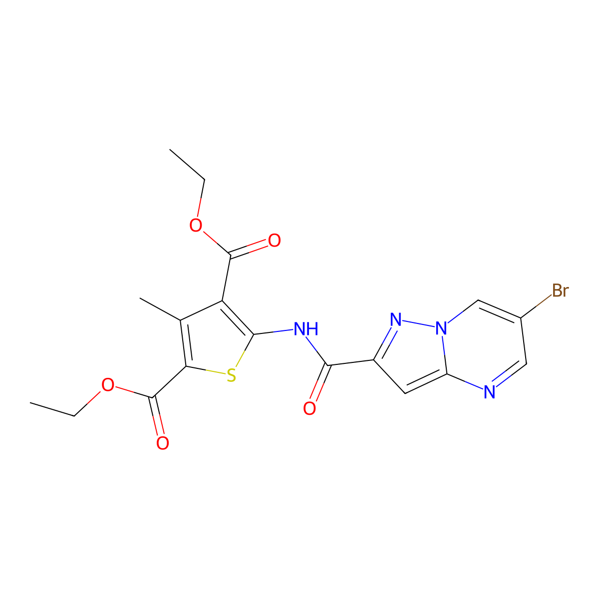 Diethyl 5-{[(6-bromopyrazolo[1,5-a]pyrimidin-2-yl)carbonyl]amino}-3-methylthiophene-2,4-dicarboxylate molecular structure, CAS 304686-88-2