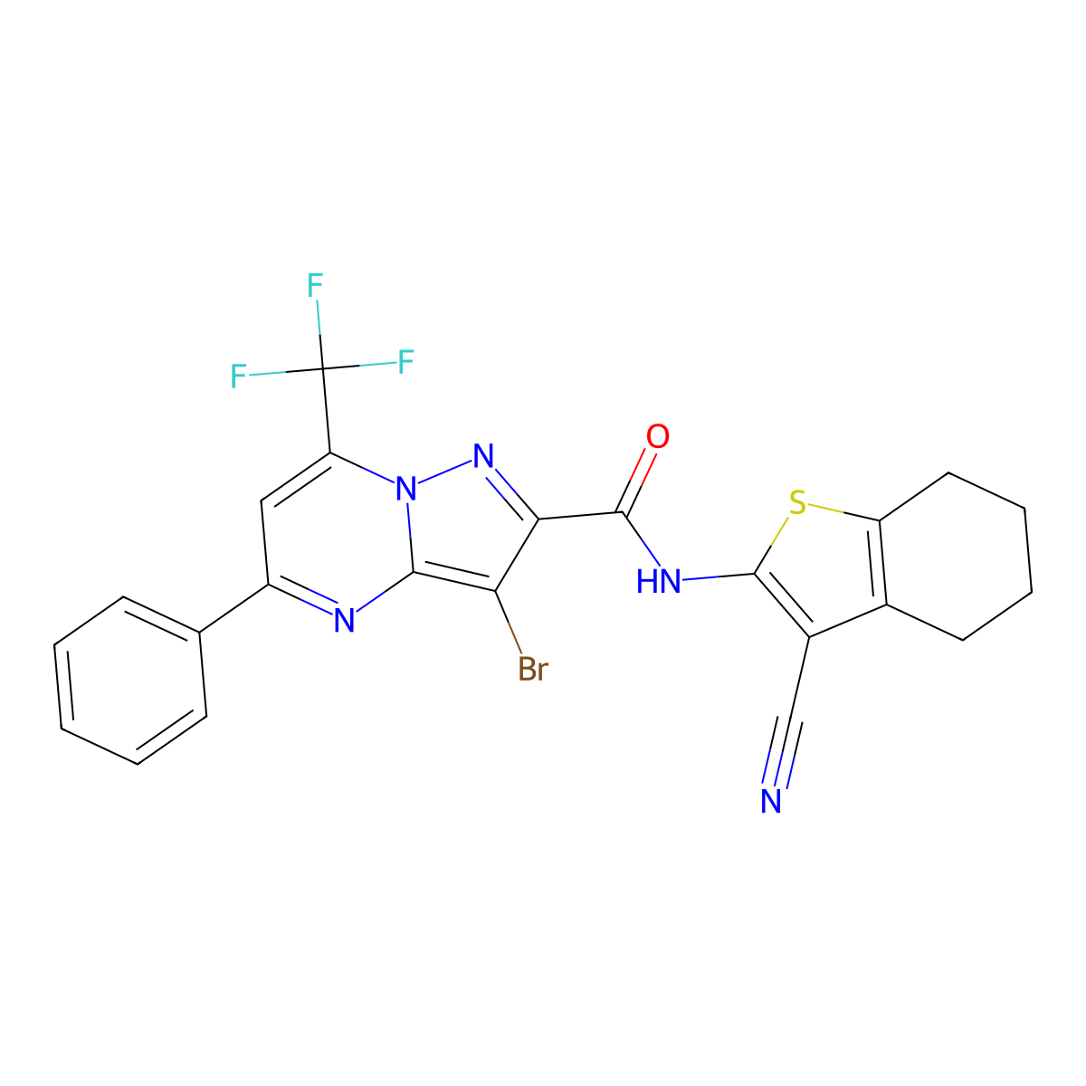 3-bromo-N-(3-cyano-4,5,6,7-tetrahydro-1-benzothien-2-yl)-5-phenyl-7-(trifluoromethyl)pyrazolo[1,5-a]pyrimidine-2-carboxamide molecular structure, CAS 304687-16-9