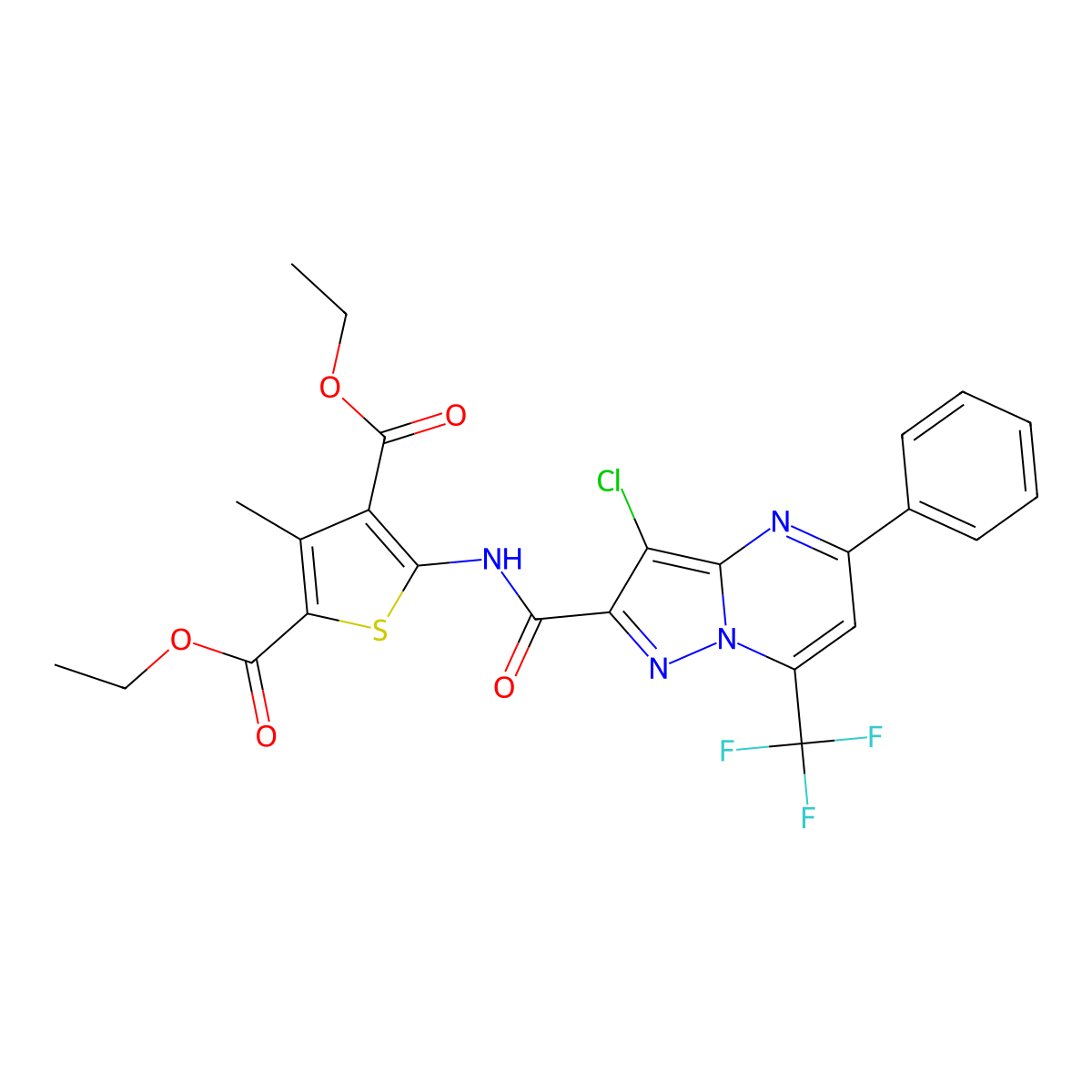 Diethyl 5-[[3-chloro-5-phenyl-7-(trifluoromethyl)pyrazolo[1,5-a]pyrimidine-2-carbonyl]amino]-3-methylthiophene-2,4-dicarboxylate molecular structure, CAS 304687-19-2
