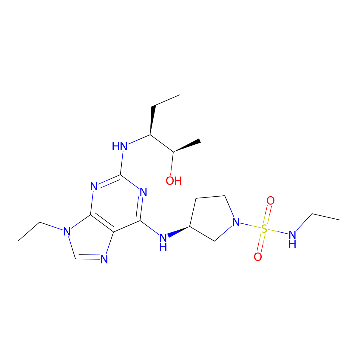 (S)-N-Ethyl-3-((9-ethyl-2-(((2R,3S)-2-hydroxypentan-3-yl)amino)-9H-purin-6-yl)amino)pyrrolidine-1-sulfonamide molecular structure, CAS 3047321-53-6