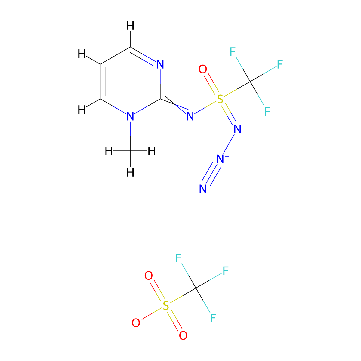 2-((Azido(oxo)(trifluoromethyl)-lambda6-sulfanylidene)amino)-1-methylpyrimidin-1-ium trifluoromethanesulfonate molecular structure, CAS 3048437-43-7