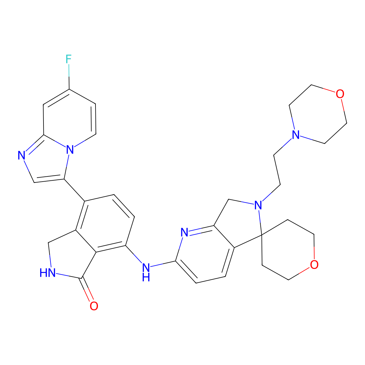 4-(7-Fluoroimidazo[1,2-a]pyridin-3-yl)-7-((6'-(2-morpholinoethyl)-2,3,5,6,6',7'-hexahydrospiro[pyran-4,5'-pyrrolo[3,4-b]pyridin]-2'-yl)amino)isoindolin-1-one molecular structure, CAS 3048537-48-7