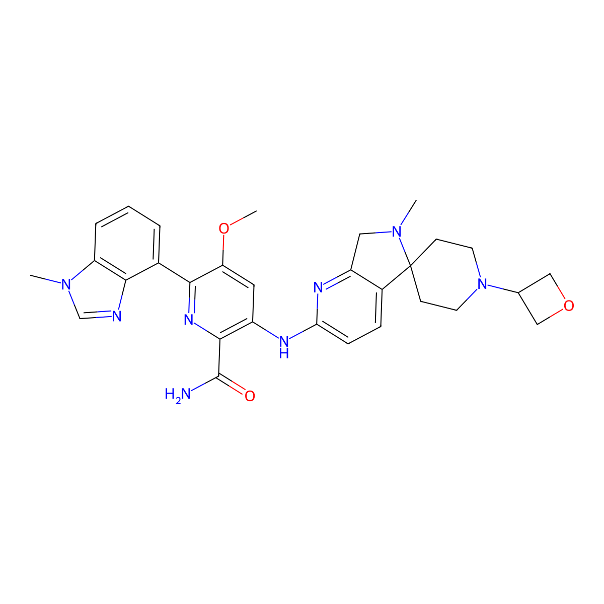 5-methoxy-3-((6'-methyl-1-(oxetan-3-yl)-6',7'-dihydrospiro[piperidine-4,5'-pyrrolo[3,4-b]pyridin]-2'-yl)amino)-6-(1-methyl-1H-benzo[d]imidazol-4-yl)picolinamide molecular structure, CAS 3048537-58-9