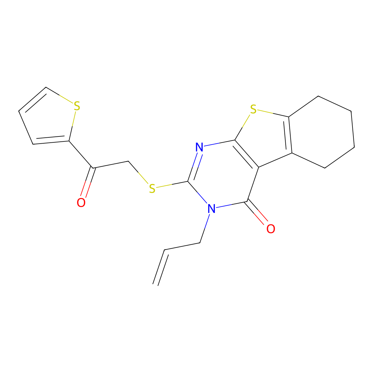 3-allyl-2-{[2-oxo-2-(2-thienyl)ethyl]sulfanyl}-5,6,7,8-tetrahydro[1]benzothieno[2,3-d]pyrimidin-4(3H)-one molecular structure, CAS 304862-68-8