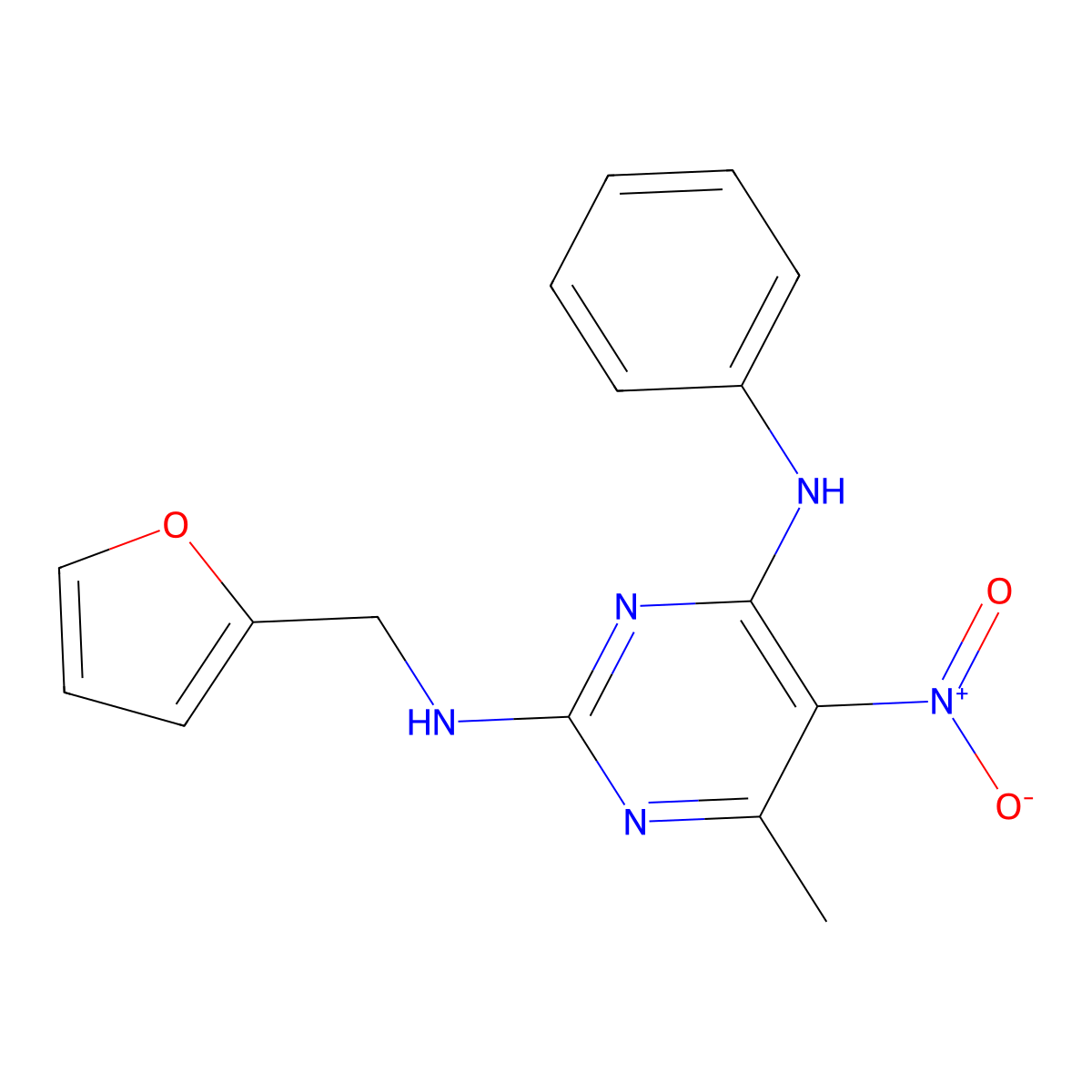 N2-[(furan-2-yl)methyl]-6-methyl-5-nitro-N4-phenylpyrimidine-2,4-diamine molecular structure, CAS 304864-75-3