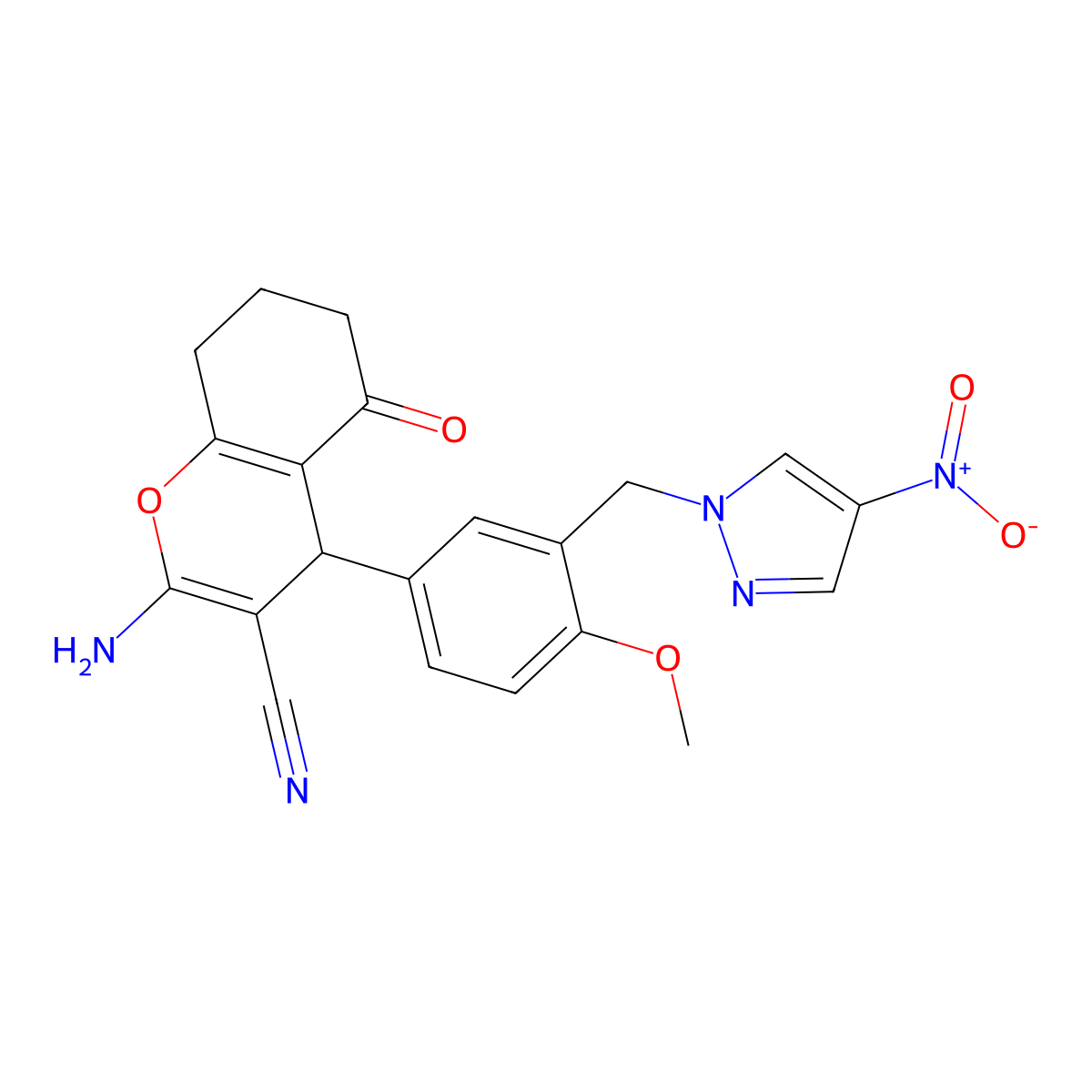 2-amino-4-{4-methoxy-3-[(4-nitro-1H-pyrazol-1-yl)methyl]phenyl}-5-oxo-5,6,7,8-tetrahydro-4H-chromene-3-carbonitrile molecular structure, CAS 304867-97-8