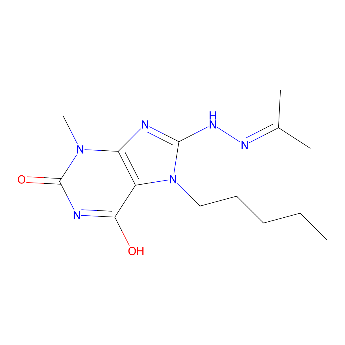 3-Methyl-7-pentyl-8-(2-propan-2-ylidenehydrazinyl)purine-2,6-dione molecular structure, CAS 304868-01-7