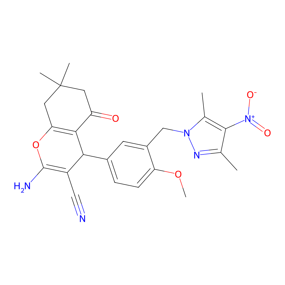 2-amino-4-[3-[(3,5-dimethyl-4-nitropyrazol-1-yl)methyl]-4-methoxyphenyl]-7,7-dimethyl-5-oxo-6,8-dihydro-4H-chromene-3-carbonitrile molecular structure, CAS 304868-26-6